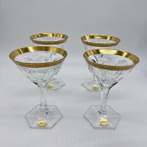 Moser Gold Rimmed Martini Cocktail Glasses Set 4 Signed Bohemian Art Deco Glass